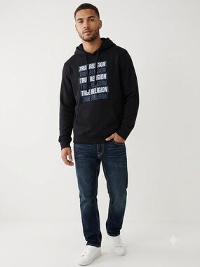 True Religion Men’s Slanted Repeat Logo Pullover Hoodie Black Size XXL (See PtP)